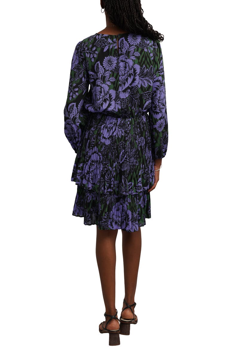 Pleated Tiered Tie Belt Long Sleeve Dress, Alternate, color, IKAT FLORA
