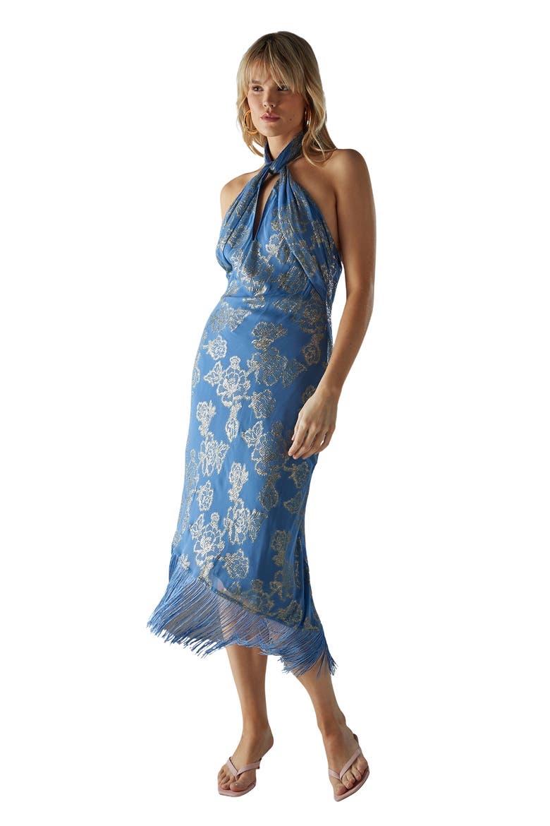 Metallic Chiffon Wrap Front Midi Dress, Main, color, Blue