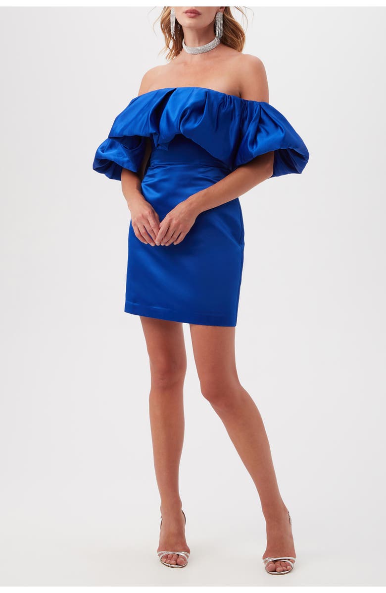 Trina Turk Nia Off the Shoulder Ruffle Satin Cocktail Dress, Main, color, Bewitching Blue