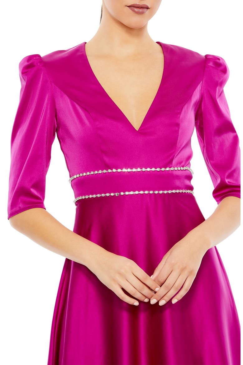 Beaded Empire Waist Satin Cocktail Dress, Alternate, color, FUCHSIA
