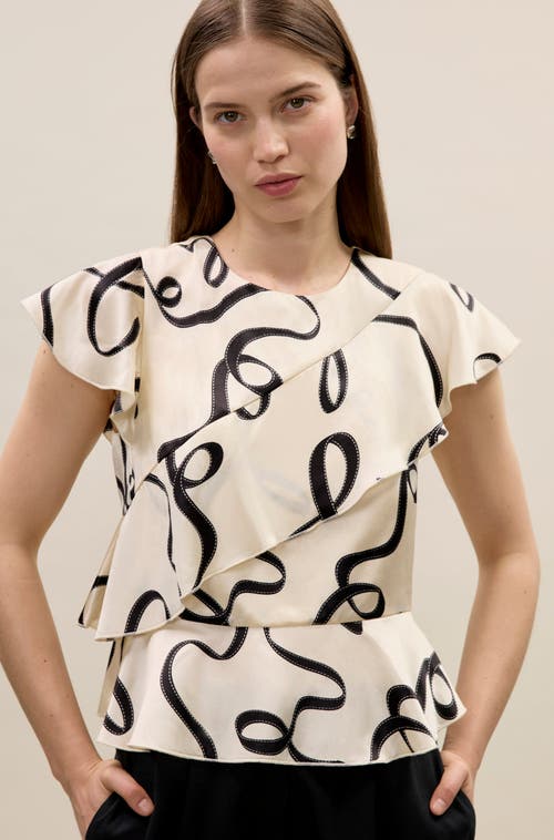 Rebecca Taylor Hollis Satin Top In Ribbon Print In White