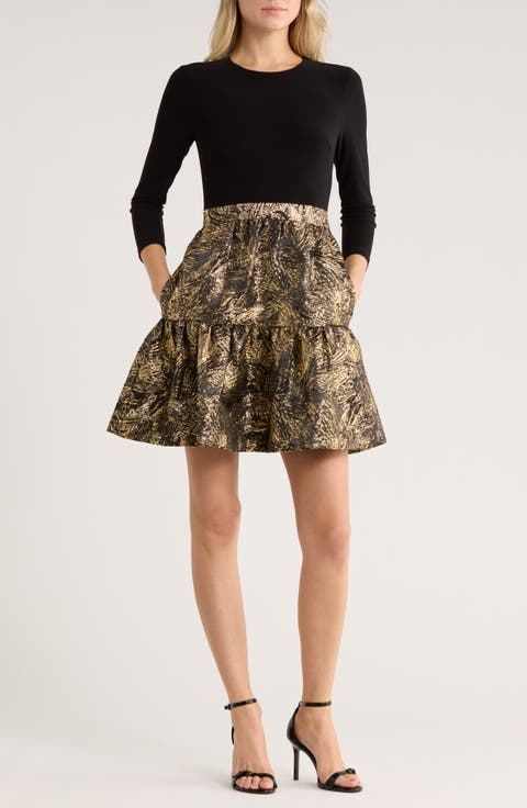 Long Sleeve Mixed Media Fit & Flare Dress