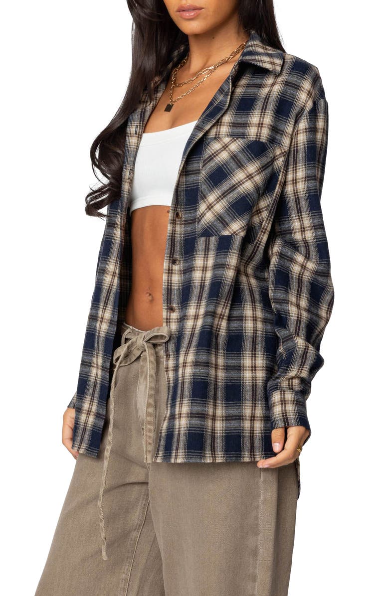 EDIKTED Plaid Flannel Button-Up Shirt, Alternate, color, Navy