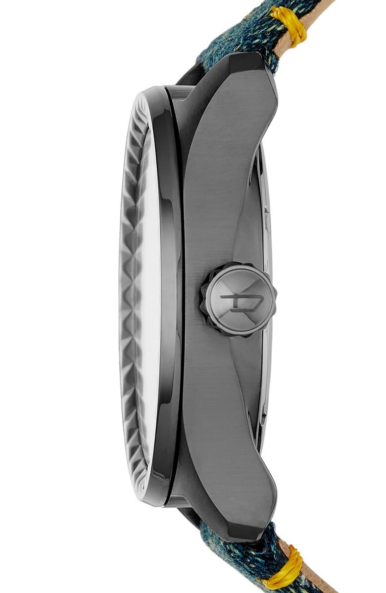 DIESEL<sup>®</sup> 'Kray Kray' Spiked Bezel Denim Strap Watch, 38mm, Alternate, color, 