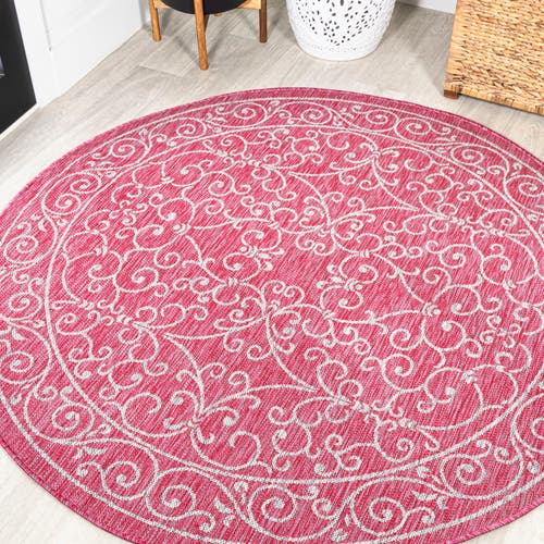 Jonathan Y Charleston Vintage Filigree Textured Weave Indoor/outdoor Round Area Rug In Fuchsia/light Gray
