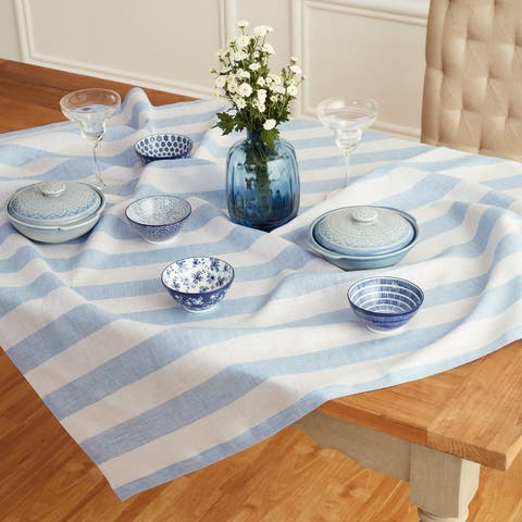 Linen Table Throw 52 x 52 Inch for Dining Table, Holiday and Everyday Table Decor - Cabana Stripe