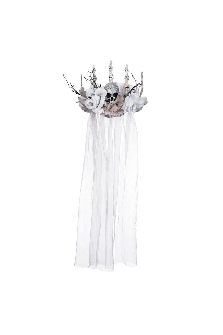 Bride Gray & White Skeleton Halloween Costume Veil Adult Headband 30.71", Main, color, White