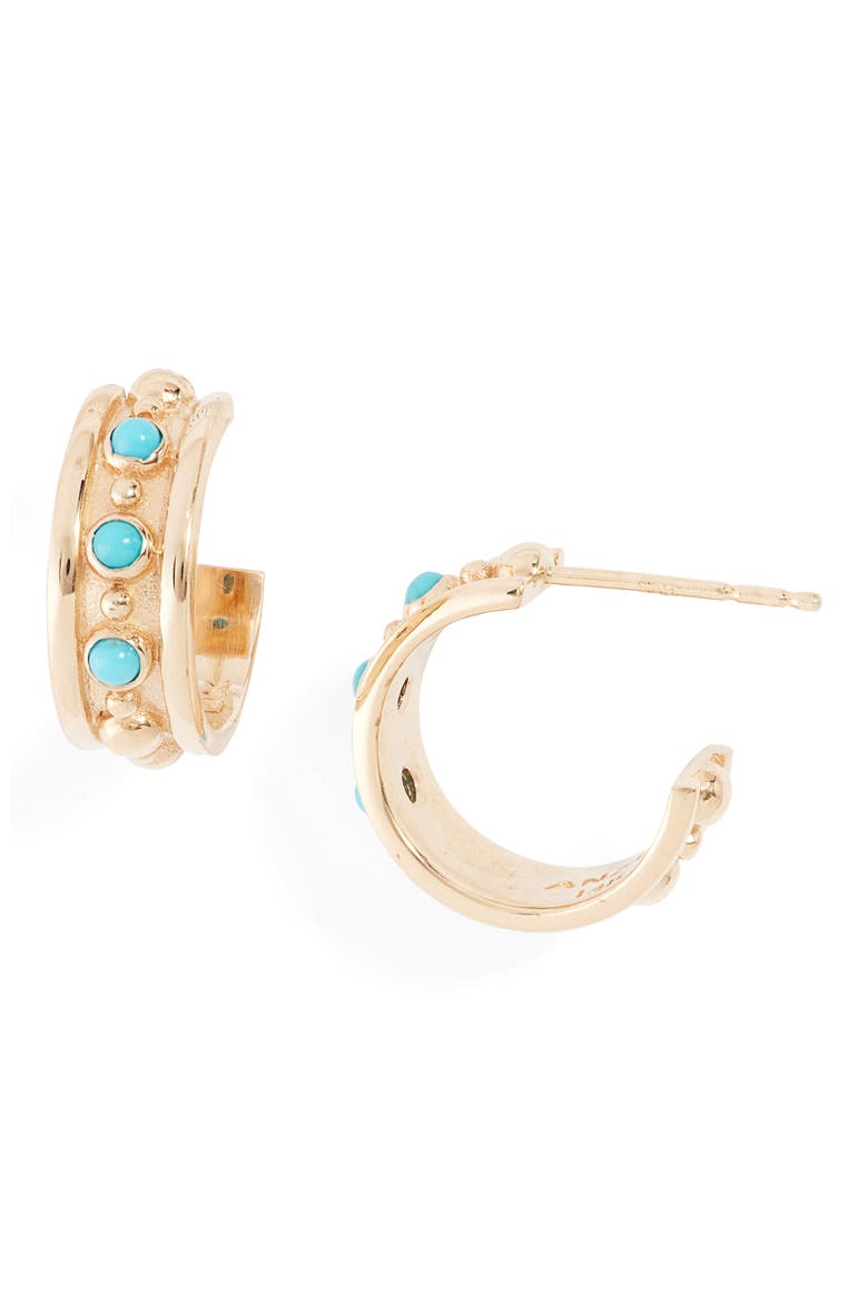 Dew Drop Marine Huggie Hoop Earrings, Main, color, TURQUOISE