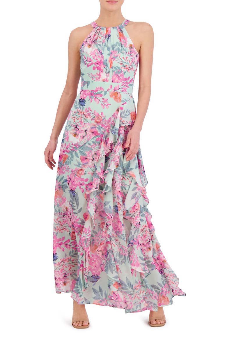 Floral Print Asymmetric Ruffle Sleeveless Maxi Dress, Main, color, MINT