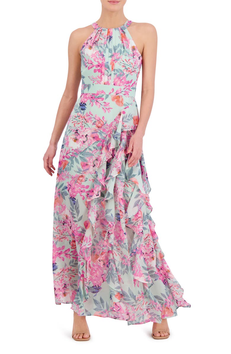 Eliza J Floral Print Asymmetric Ruffle Sleeveless Maxi Dress, Main, color, Mint
