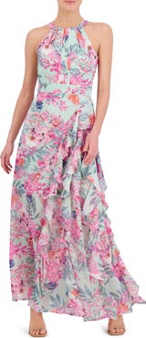 Eliza J Floral Print Asymmetric Ruffle Sleeveless Maxi Dress