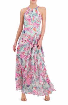 Eliza J Floral Print Asymmetric Ruffle Sleeveless Maxi Dress