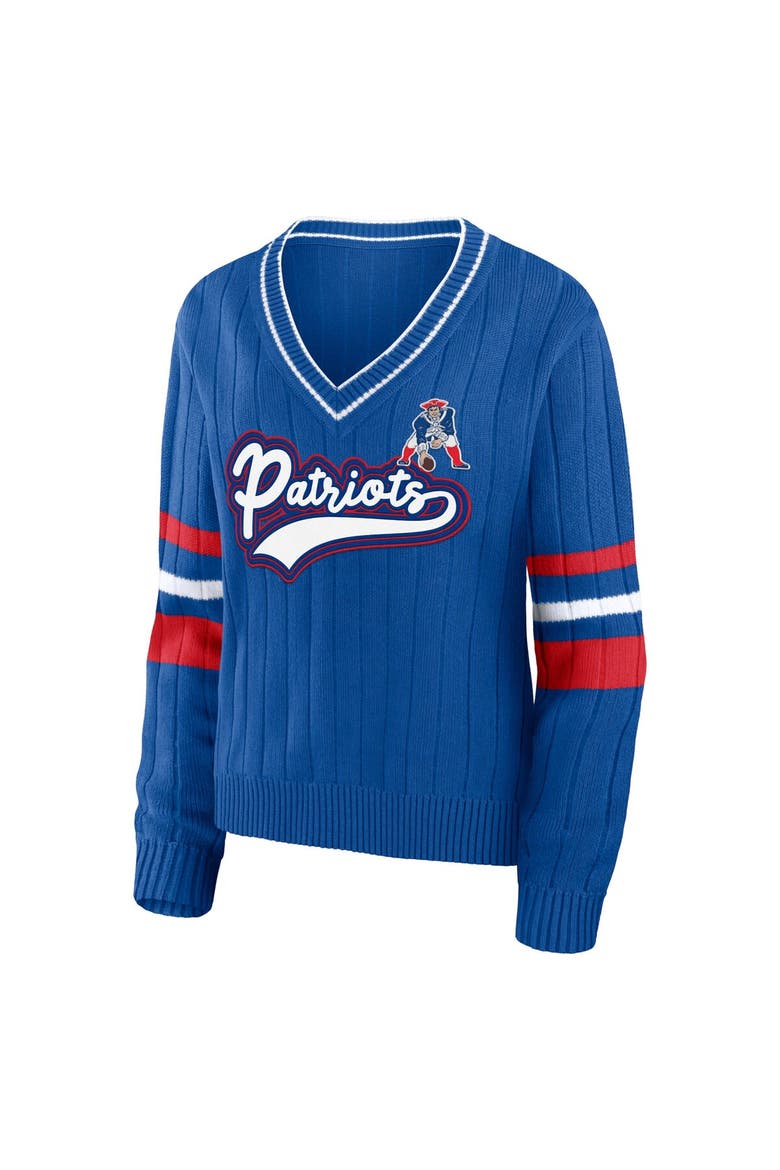 Women's WEAR by Erin Andrews Royal New England Patriots Throwback V-Neck Sweater, Alternate, color, Royal