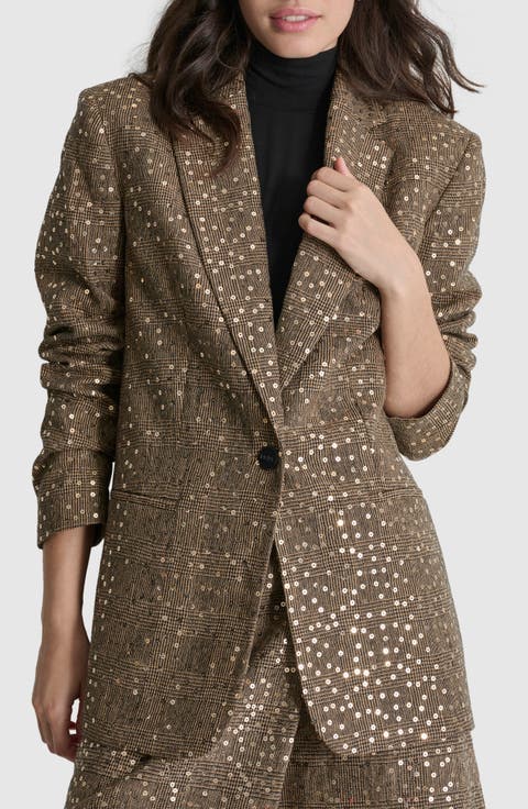 Herringbone Sequin Wool Blend Blazer