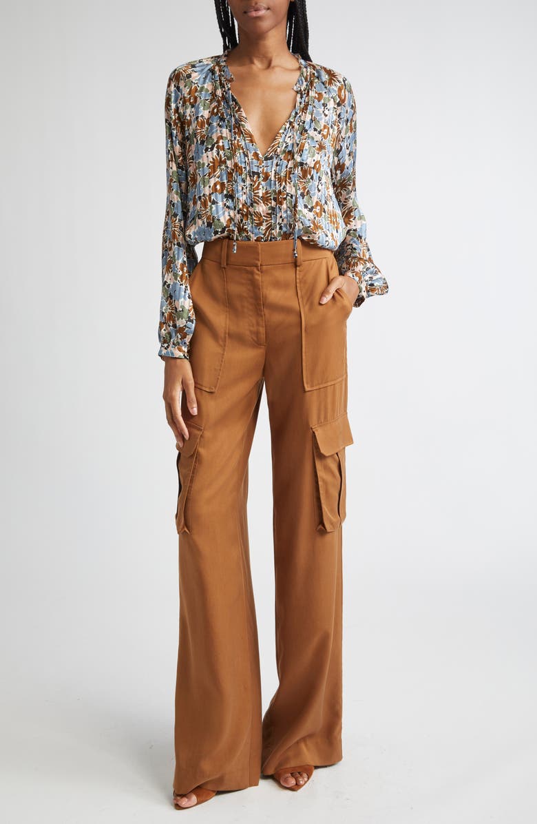 Veronica Beard Linds Pleated Silk Top, Alternate, color, Lake Mist Multi