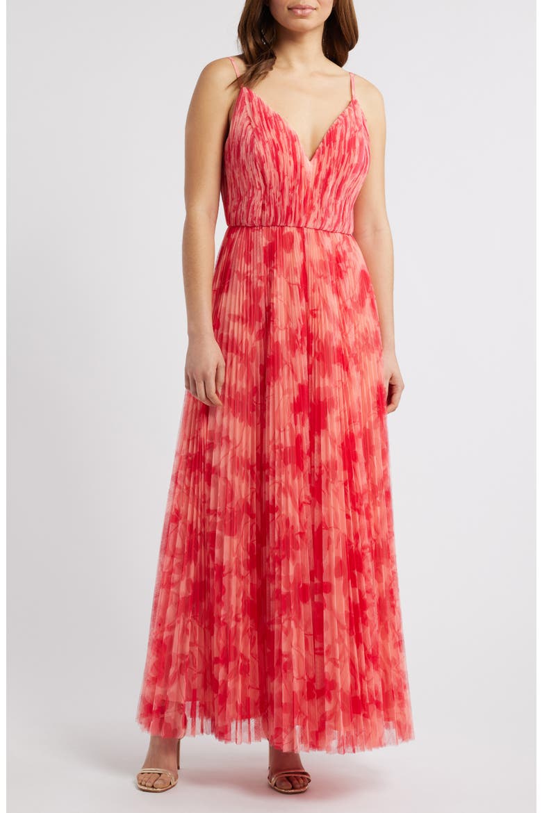 Print Pleated Sleeveless Maxi Dress, Main, color, RED LIPSTICK