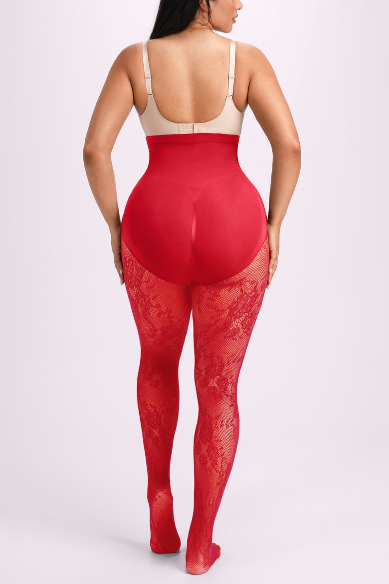 High Waist Floral Lace Tummy Smoothing Sheer Shaping Tights, Alternate, color, Red