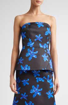 Emilia Wickstead Regan Floral Strapless Genzianella Peplum Top