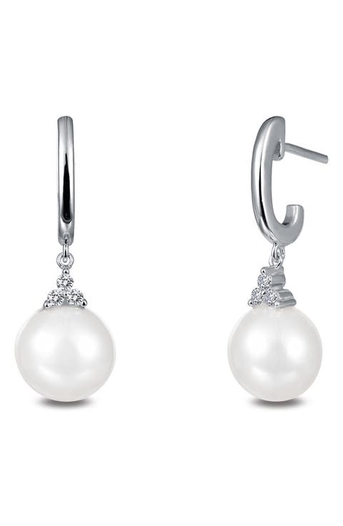 Platinum Plated 8mm Freshwater Pearl & Simulated Diamond Earrings