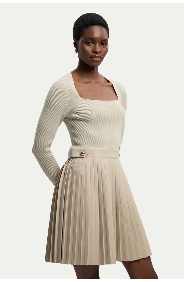 Karen Millen Square Neck Pleated PU Skirt Mini Dress, Main, color, Stone