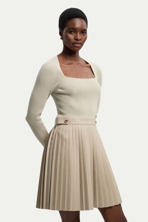 Square Neck Pleated PU Skirt Mini Dress