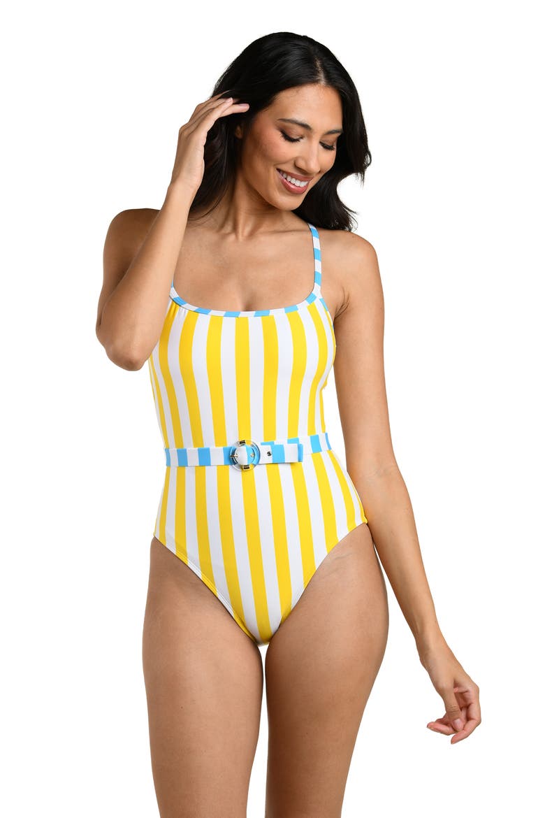 Coastal Belted Stripe One-Piece Swimsuit, Alternate, color, SOLEIL