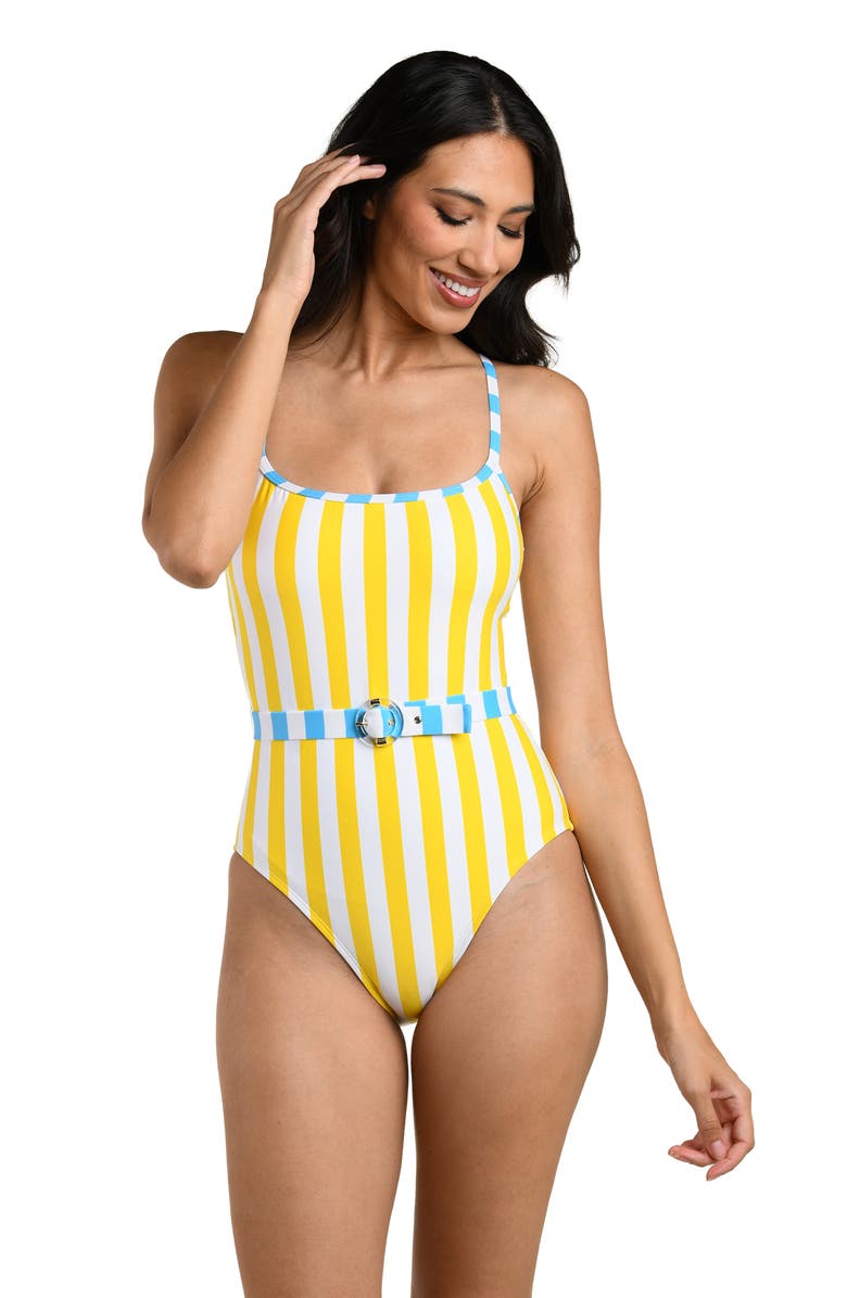 La Blanca Coastal Belted Stripe One-Piece Swimsuit, Alternate, color, Soleil