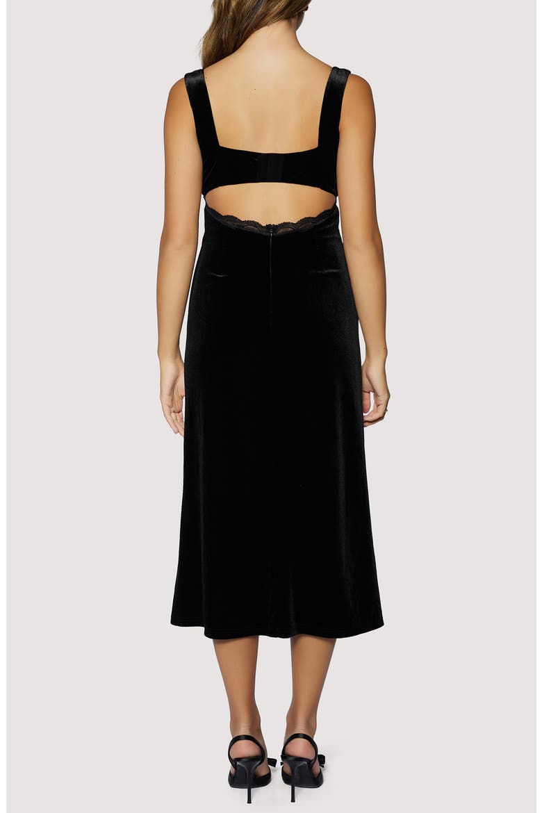 Fiorella Lace Trim Velvet Midi Dress, Alternate, color, BLACK