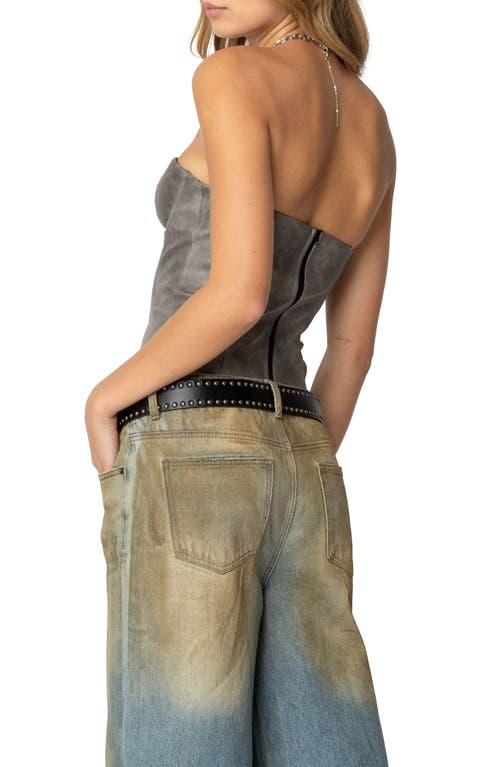 Edikted Sulivan Strapless Faux Leather Crop Top In Gray-washed