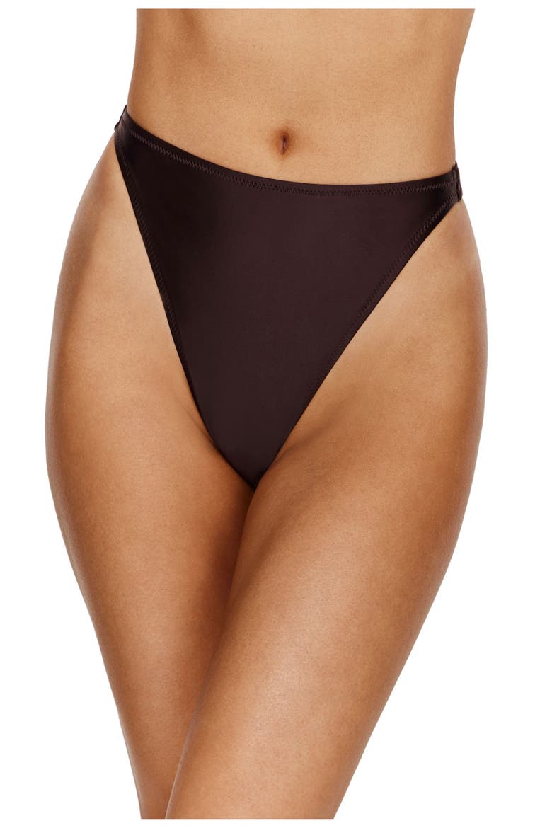 Satin Touch High Waist High Leg Bikini Bottom, Main, color, Brown