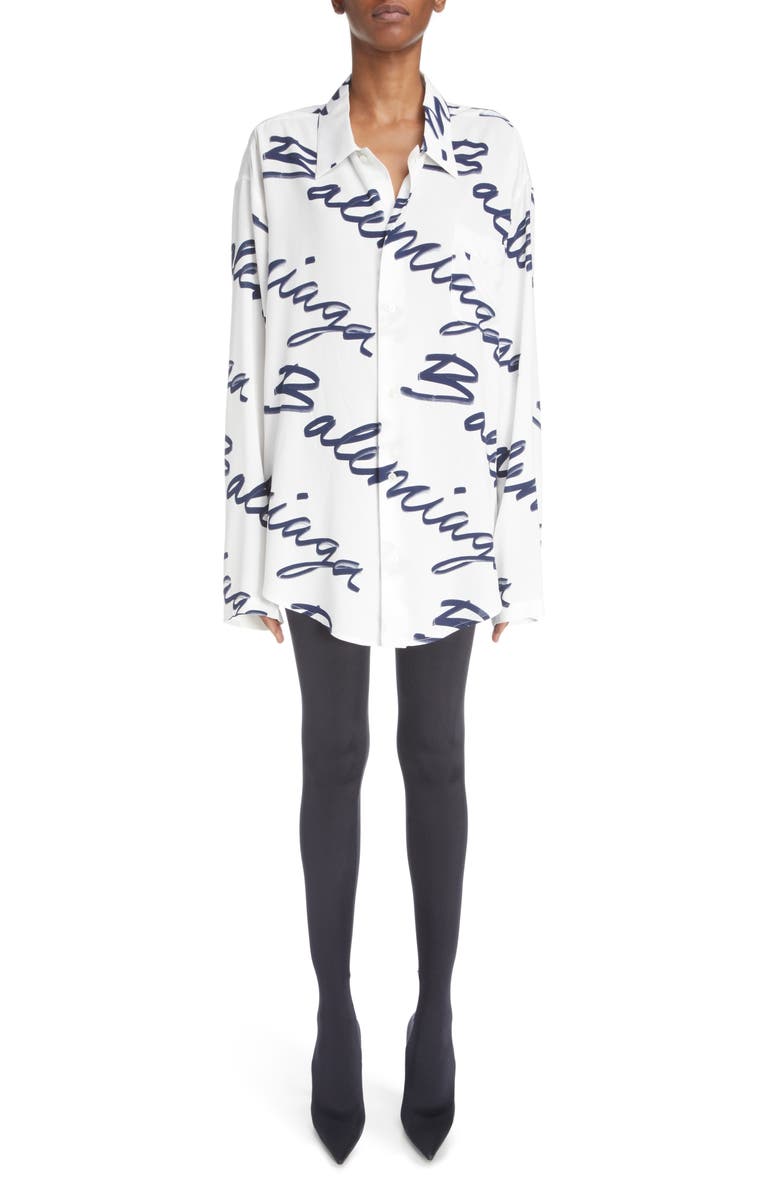 Balenciaga Brushstroke Logo Long Sleeve Button-Up Shirt, Main, color, 