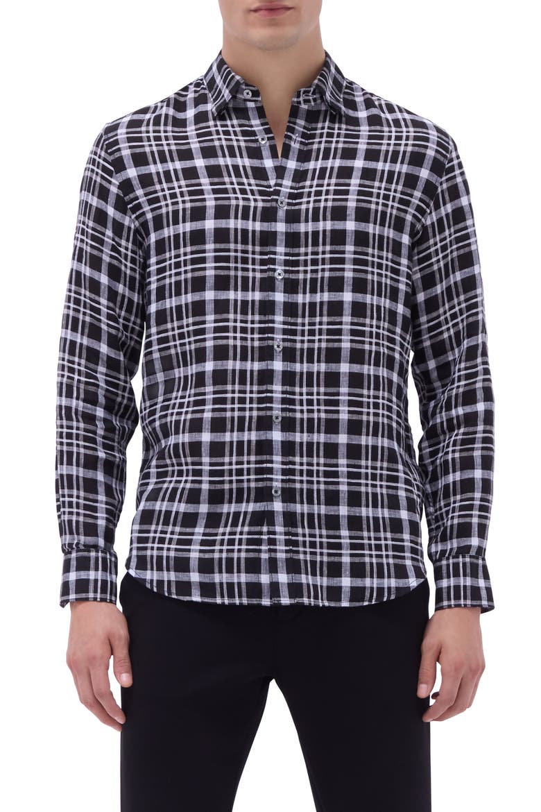 Julian Plaid Linen Button-Up Shirt, Main, color, BLACK