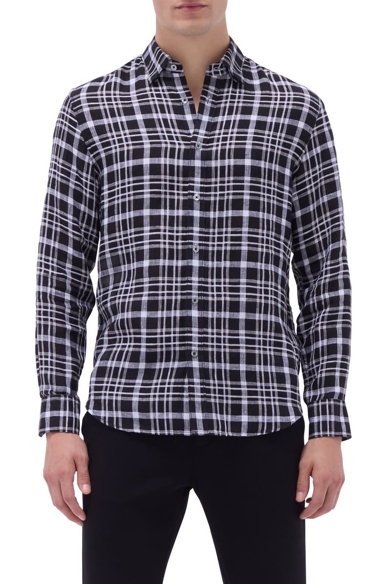 Bugatchi Julian Plaid Linen Button-Up Shirt, Main, color, Black