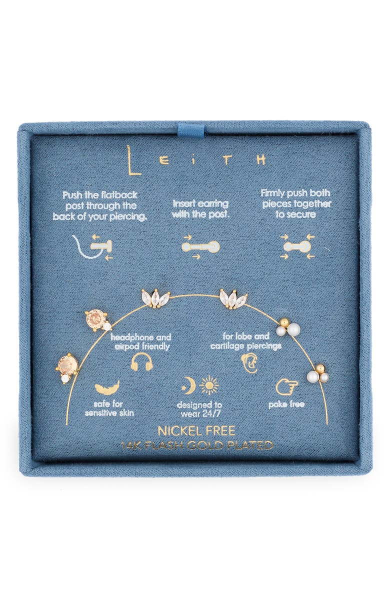 Leith 3-Pack CZ & Faux Pearl Assorted Flatback Stud Earrings, Main, color, Clear- White- Gold