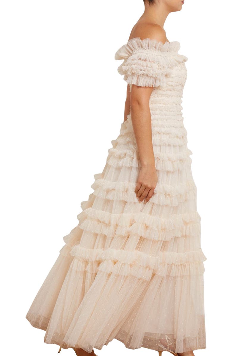 Needle & Thread Lisette Ruffle Off-Shoulder Gown, Alternate, color, Champagne