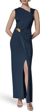 Donna Karan New York Asymmetric Neck Hardware Detail Jersey Gown