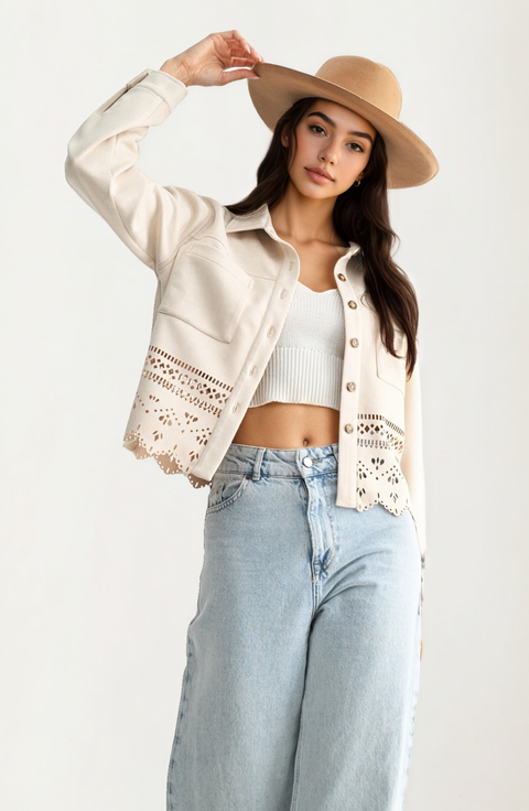 Eyelet Cutout Scalloped-Hem Button-Front Jacket