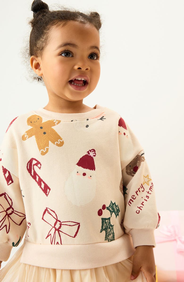 NEXT Kids' Christmas Print Mixed Media Long Sleeve Sweatshirt Dress, Alternate, color, Neutral