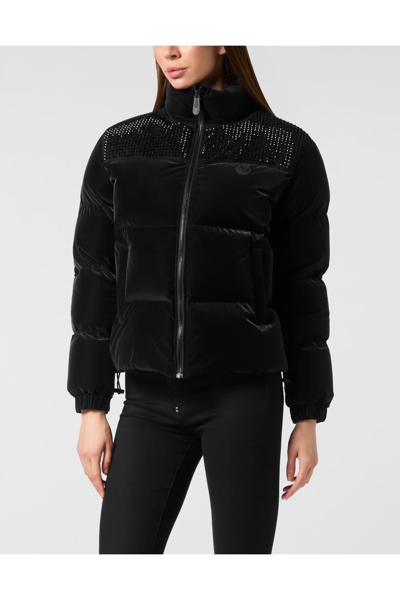 Nylon And Suede Puffer Jacket Strass Women, Main, color, black