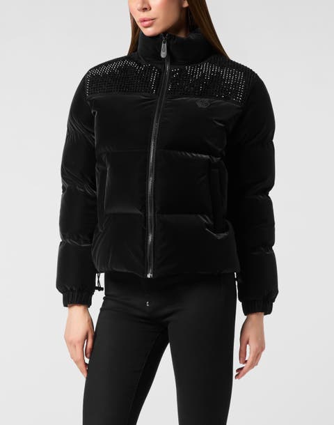 Nylon And Suede Puffer Jacket Strass Women