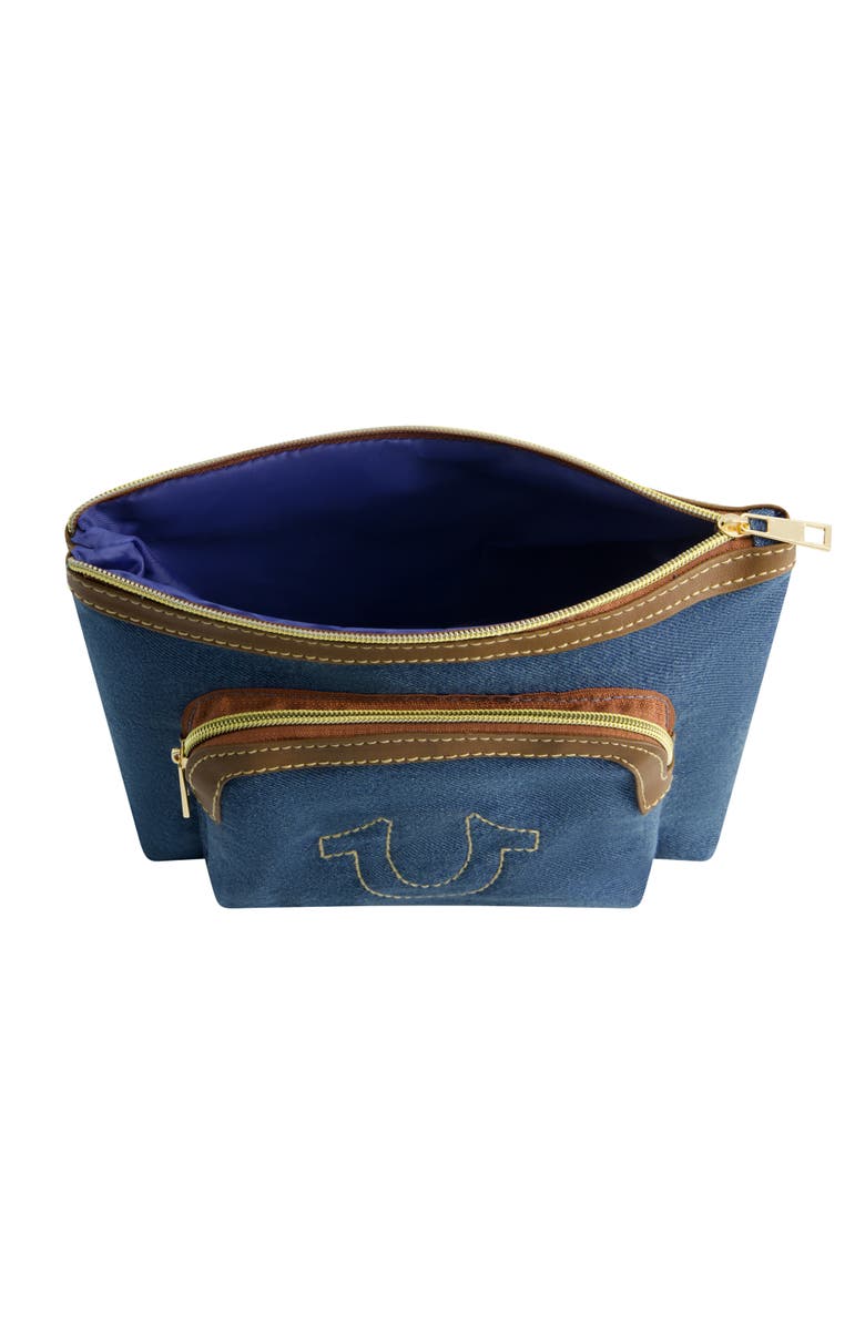 True Religion Trapezoid Zip Cosmetic Bag with Exterior Zip Pocket, Gold Hardware, Alternate, color, Denim