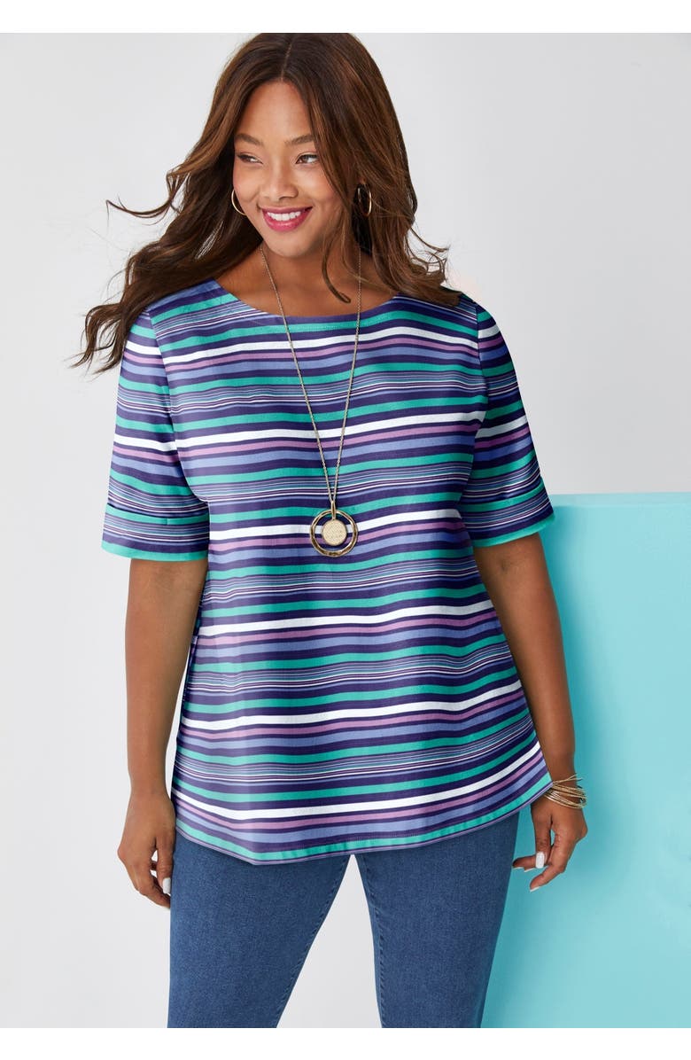 Jessica London Stretch Cotton Cuff Tee, Alternate, color, Black Moving Floral