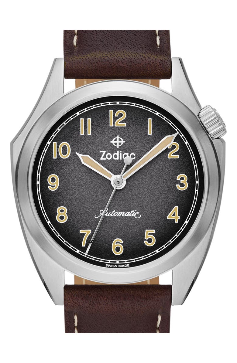 Zodiac Field Olympos Automatic Leather Watch, 40mm, Alternate, color, Brown