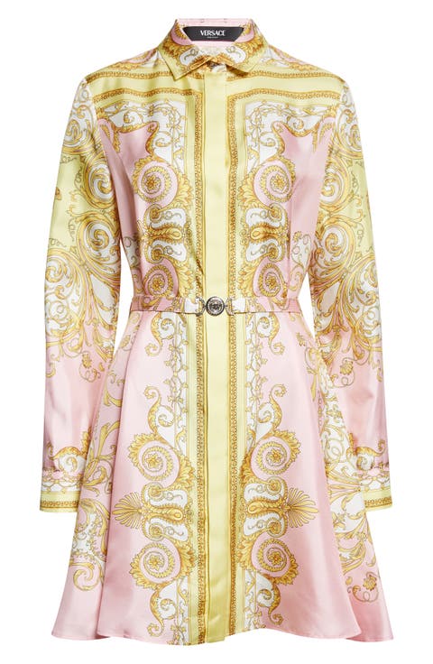 Barocco Print Belted Long Sleeve Silk Shirtdress