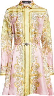 Versace Barocco Print Belted Long Sleeve Silk Shirtdress