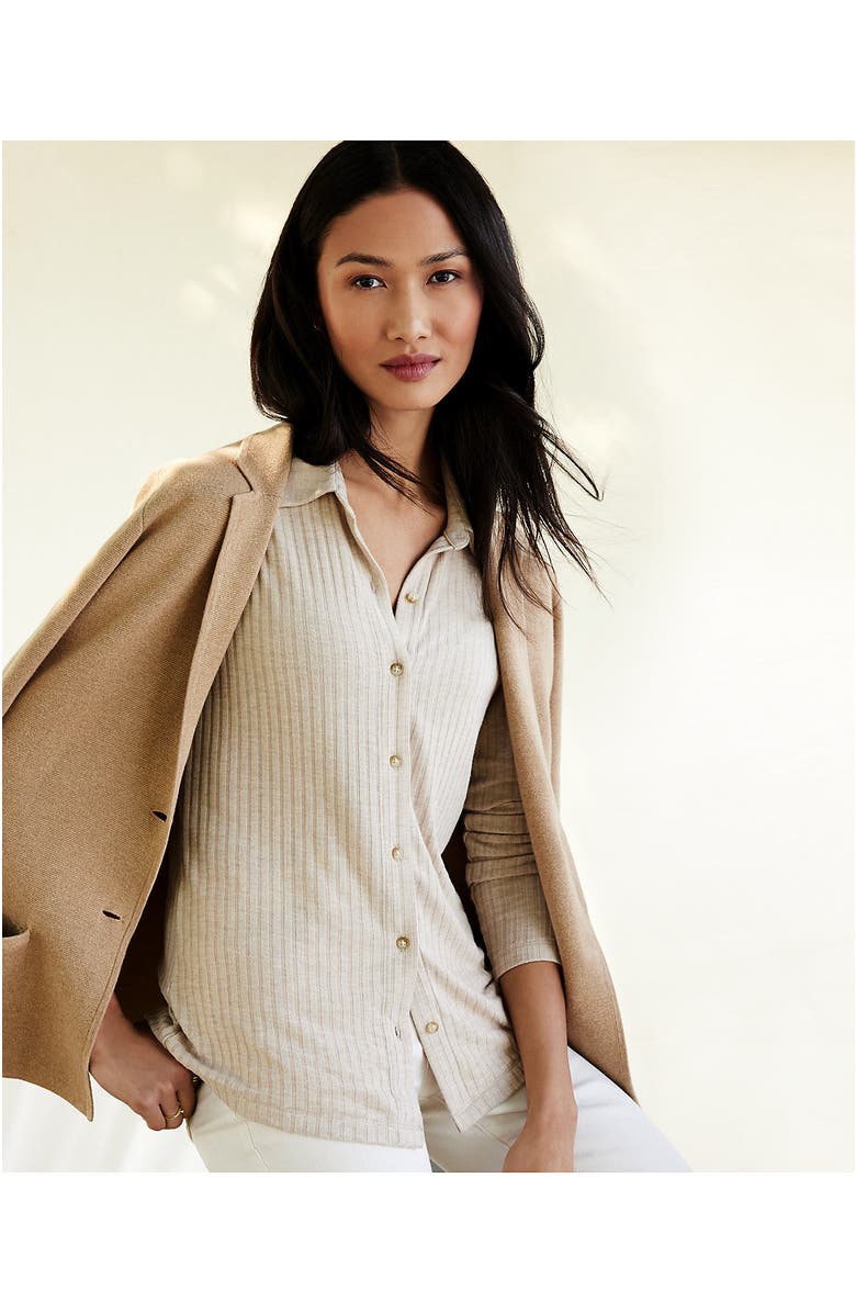 Lands' End Long Sleeve Wide Rib Button Front Polo, Alternate, color, Soft Tan Heather