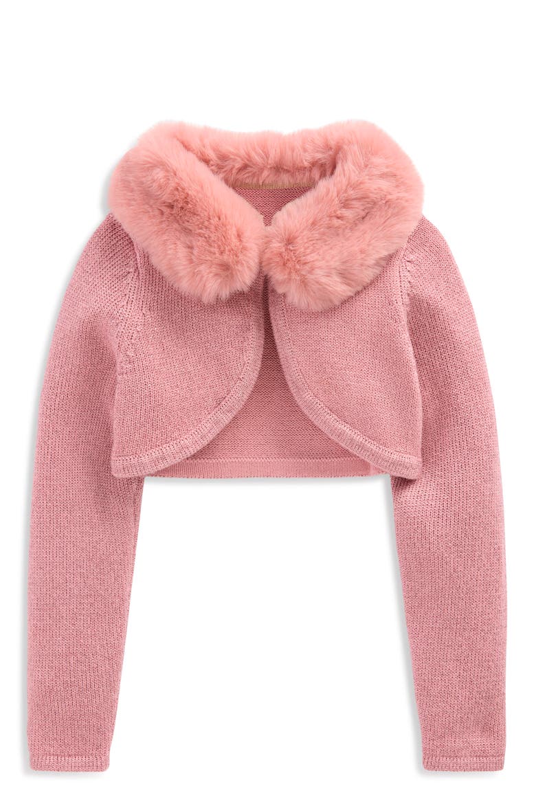 Kids' Faux Fur Trim Cropped Cardigan, Main, color, ROSE SPARKLE