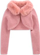 Mini Boden Kids' Faux Fur Trim Cropped Cardigan