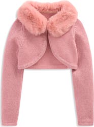 Mini Boden Kids' Faux Fur Trim Cropped Cardigan