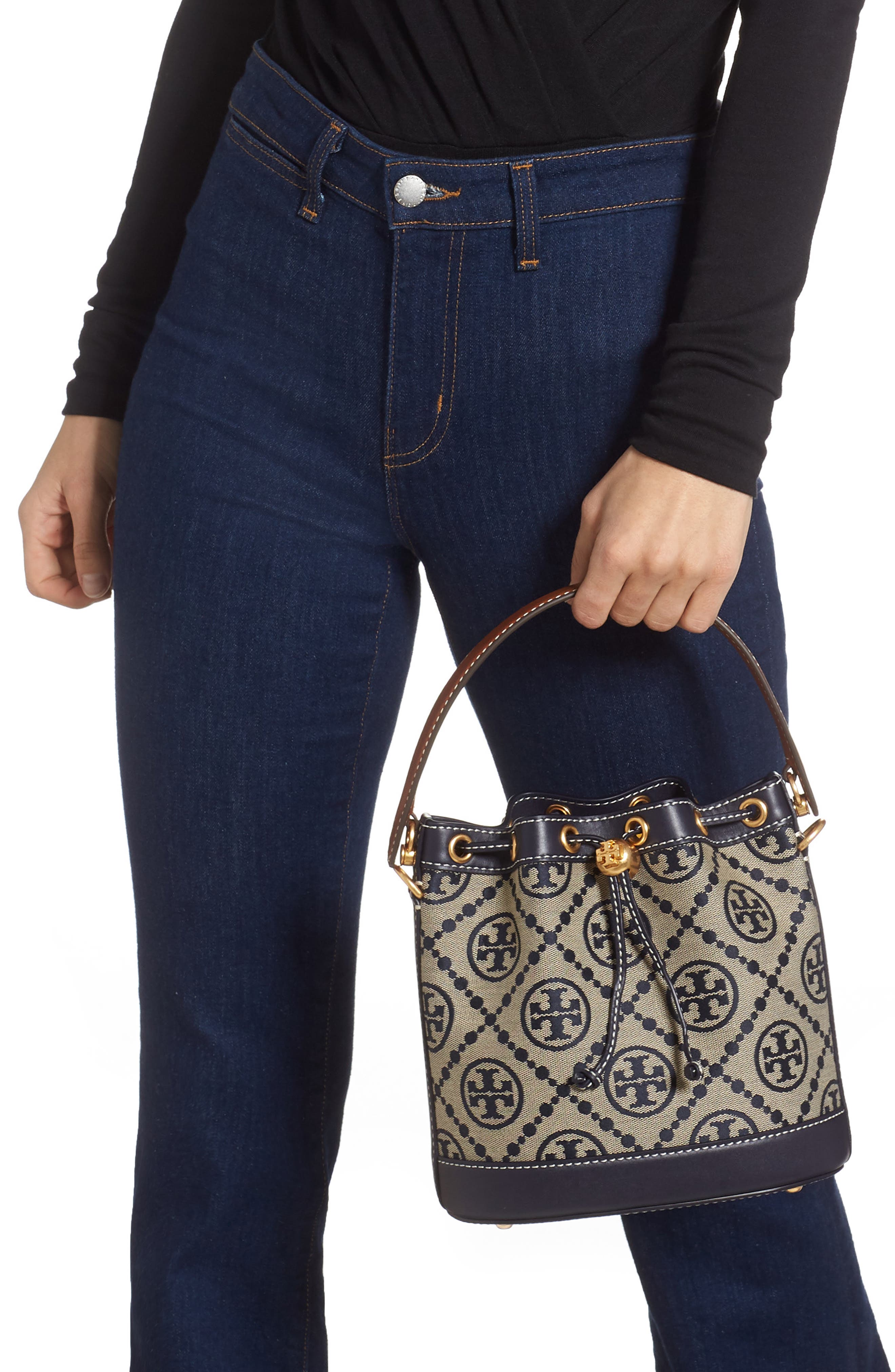 Tory Burch T Monogram Jacquard Bucket Bag, Alternate, color, Tory Navy